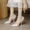 Women's Fashion One-line High Heels Autumn New Pointy Shallow Mouth Thin with Butterfly Knot Head Hollow Single Shoes