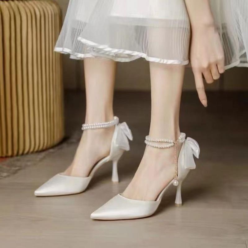 Women's Fashion One-line High Heels Autumn New Pointy Shallow Mouth Thin with Butterfly Knot Head Hollow Single Shoes