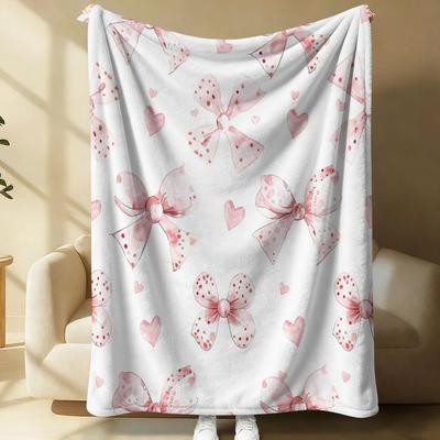 Soft Pink Bows Hearts Flannel Blanket Romantic Watercolor Throw for Bed Sofa Cozy Lightweight Plush Fleece Gift Blanket