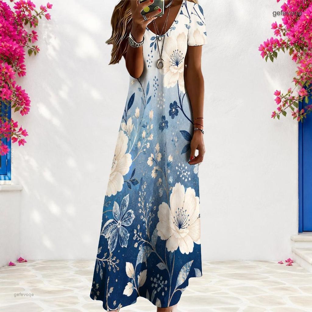Women Plus Size V Neck Short Sleeve Floral Printed Navy Blue Straight Maxi Dress