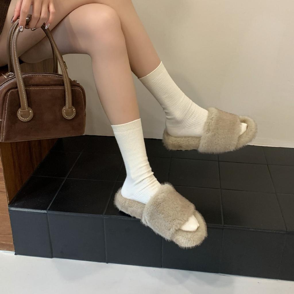 2025 New Autumn and Winter Mao Mao One-word with Open Toes and Half Tows, Wearing Mao Mao Open Toes Commuter Women's Warm Slippers