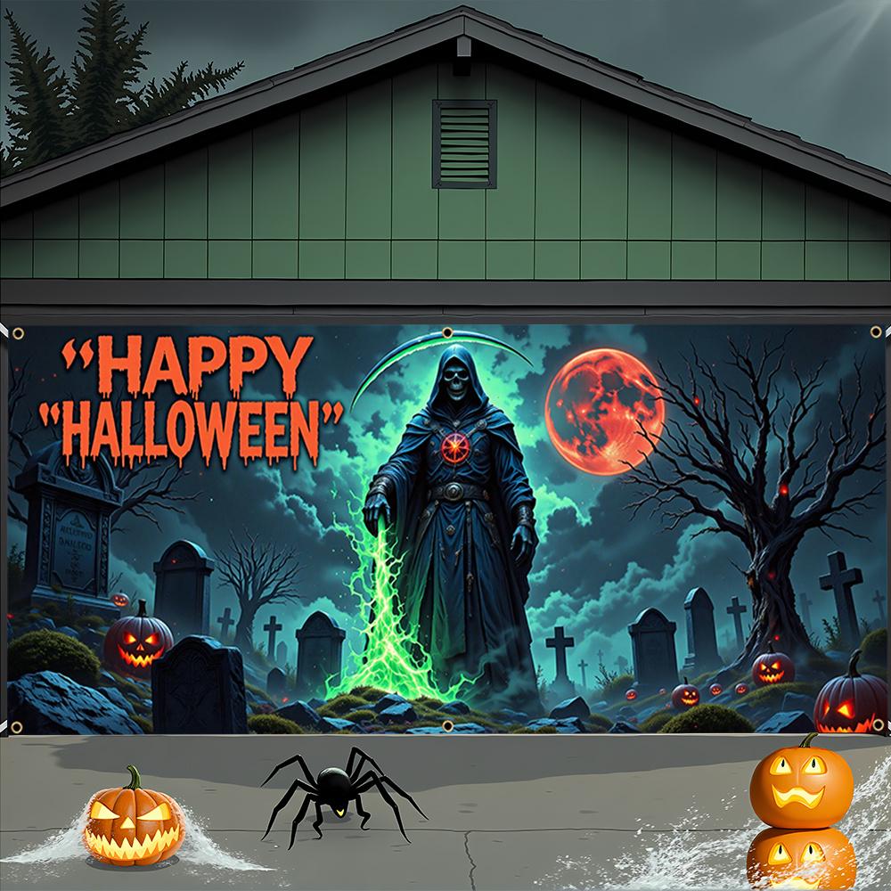 Large Halloween Grim Reaper Garage banner - Eerie cemetery scene with Jack-o '-lanterns durable polyester wall decorations