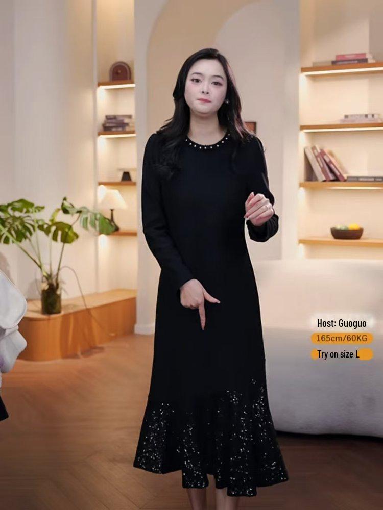 Sequin Patchwork Black Dress: 2026 Spring/Autumn Women's Mid-Length Base Layer Skirt