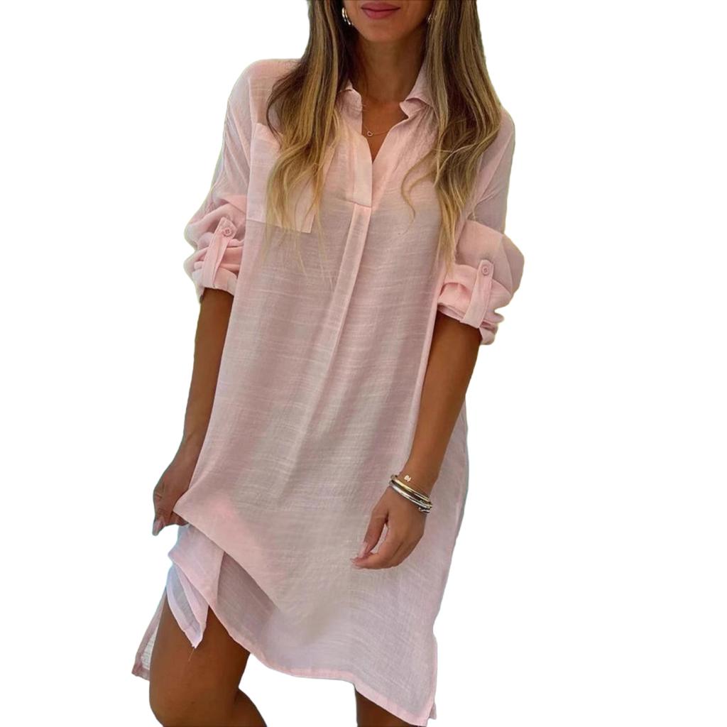 Yousheng Lady Beach Shirt Dress with Cufflinks Thin Loose Side Slit Midi Dress Turn-down Collar Long Sleeve Dress for Vacation Daily Wear