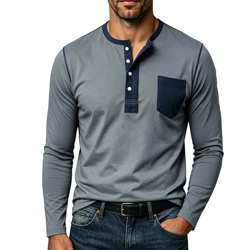 Mens Contrast Color Pocket Long Sleeve Crew Neck Henley Casual T Shirt