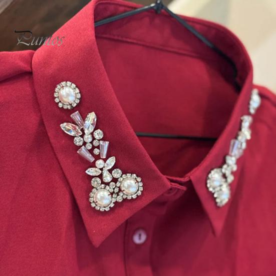 Women Fake Shirt Collar Rhinestones Faux Pearl Detachable Adjustable Embellished Tops Half Formal Event Accessory