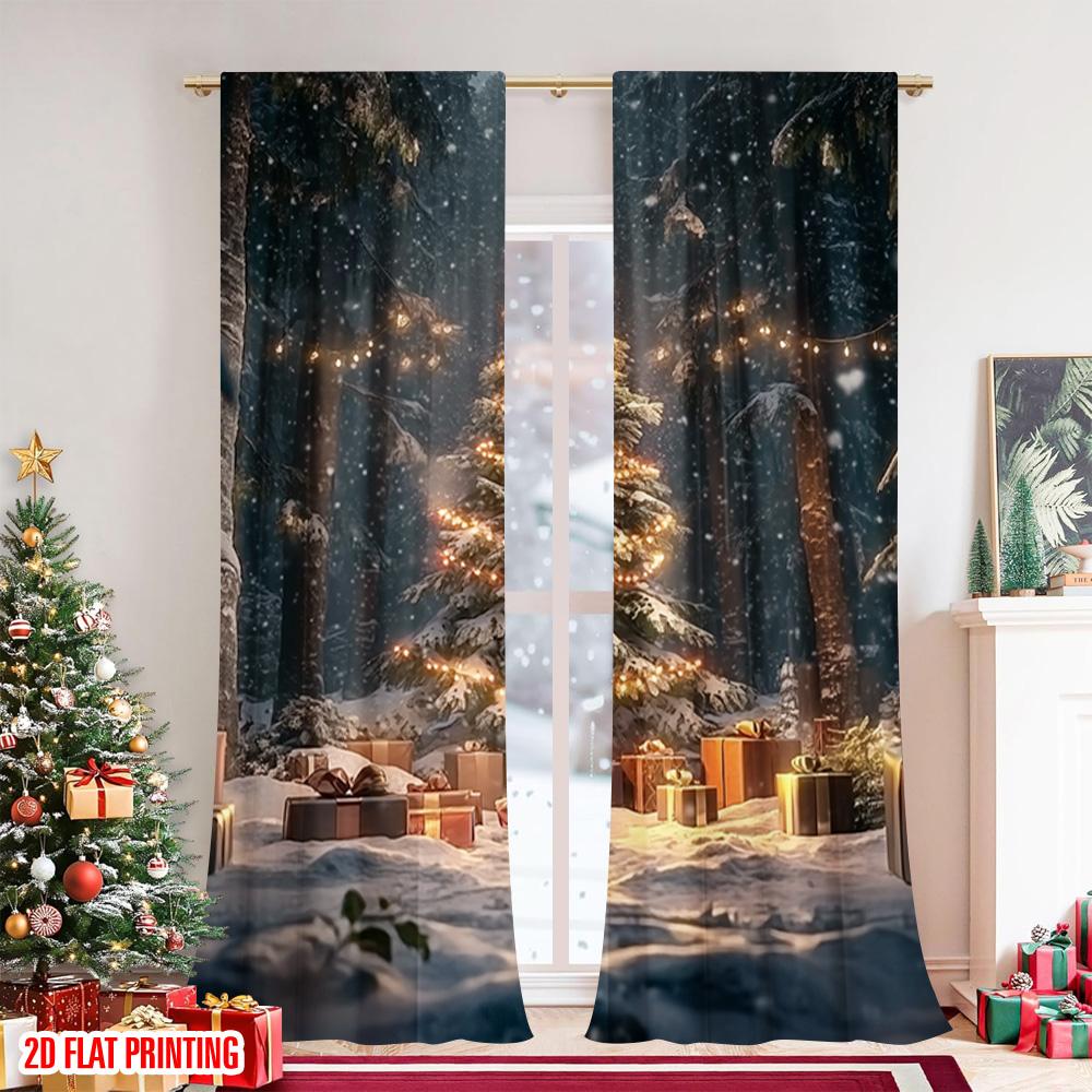 Set Of 2 Flat Printing Christmas Scene Curtain Versatile Fabric Without Electricity Family Party Holiday Curtains Made Polyester