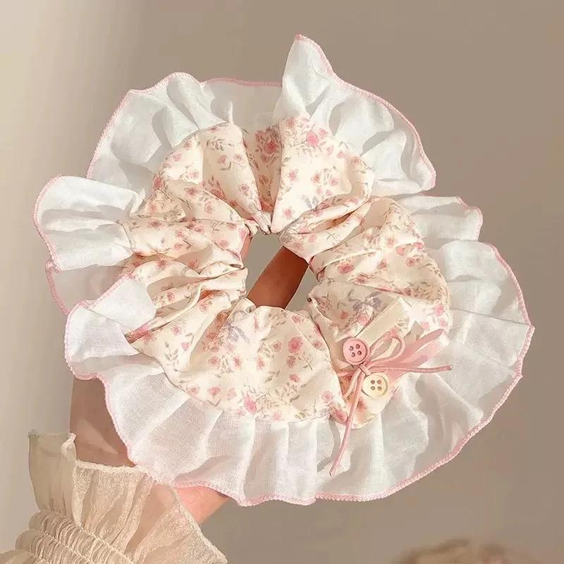 Sweet And Girly Button Bow Floral Ruffle Hair Tie - A Versatile Women S Hair Accessory Suitable For Everyday Looks Hair Tie розовый