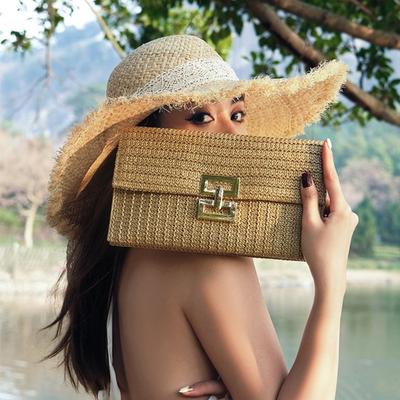 Women Clutch Bag Envelope Shape Bohemian Style Foldable Solid Double-layer Straw Braided Summer Color Portable Beach Vacation