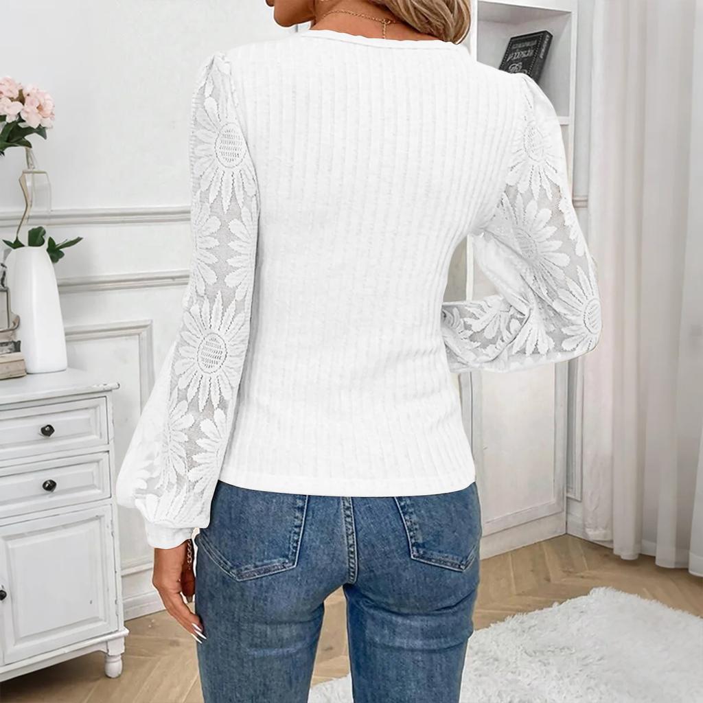Women's Solid Color Long Sleeved U-neck Knitted Women's Base Shirt With Lace And Lace Patchwork Top