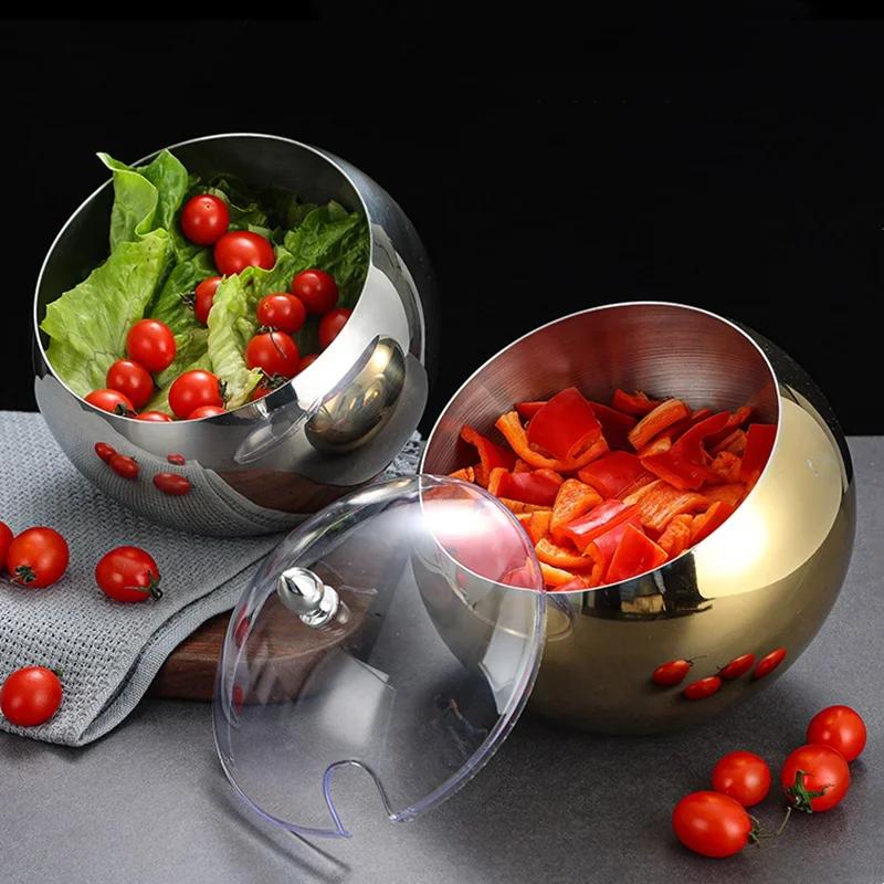 Kitchen Items Sloped Stainless Steel Bowl Storage Containers Spherical Sauce Bowl with Cover Restaurant Bowl Buffet Tableware