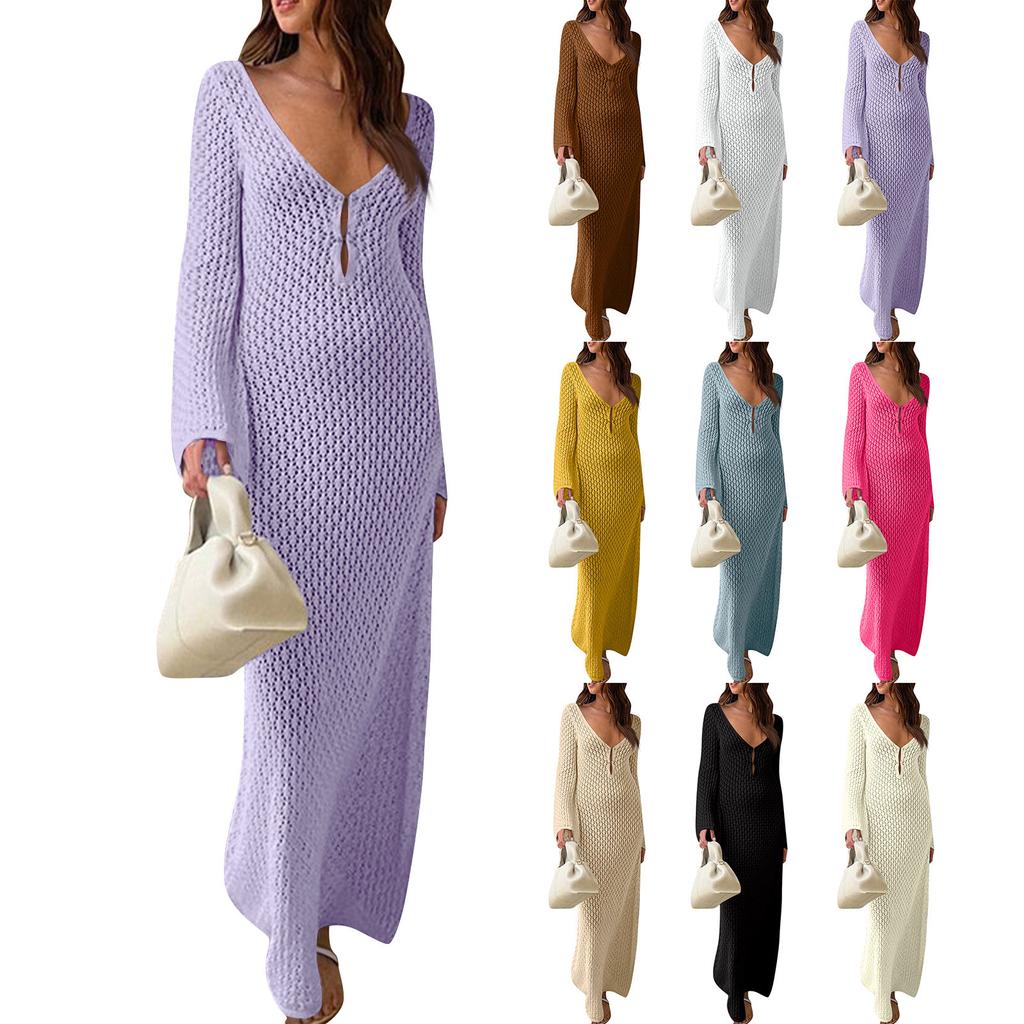Damen Lang Strandkleid Farbe Strick Ausgestanzt Badeanzug Überwurf Sonnenschutz