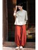 Women's Summer Cotton Linen Retro Stand Collar Top with Frog Buttons and Color Block Design