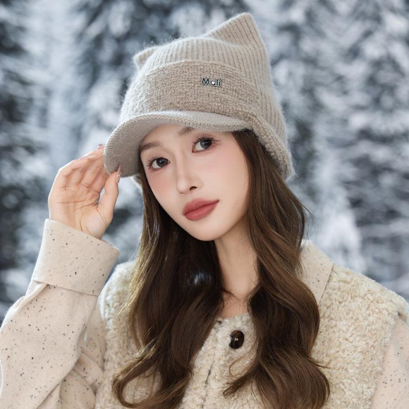 Winter Cat Ear Hat for Women with Plush Velvet Thickened Cold Proof Wool Hat Warm Ear Protection Knitted Casual Versatile Baseball Cap
