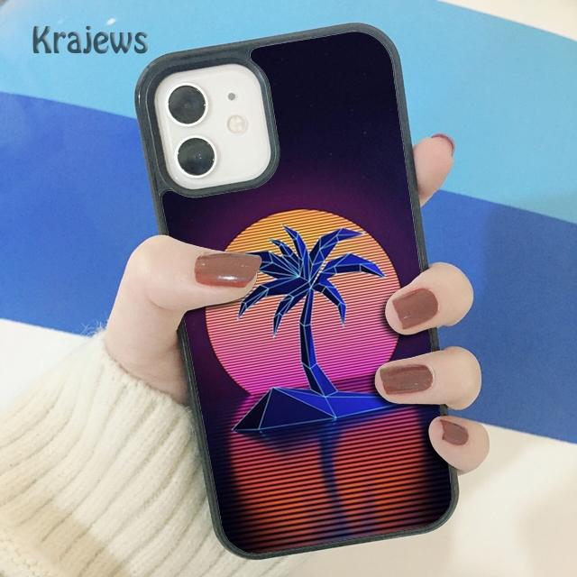 Krajews 80s Retrowave Neon Palms Tree Soft Phone Case Cover For iPhone 17 Air 16 15 14 plus 11 12 13 pro max coque Fundas