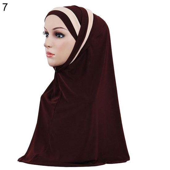 Women Color Block Muslim Soft Hijab Wrap Polyester Islamic Scarf Cap Headwear
