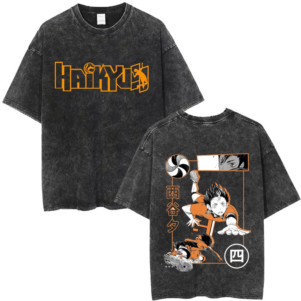 Gewaschenes Vintage Anime Haikyuu KARASUNO Merch T-Shirt Herren Cartoon Manga Oversized T-Shirt Herren Sommer Lässige Kurzarm-T-Shirts