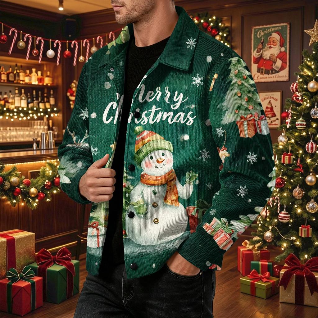 Men's Casual Loose Fit Long Sleeve Lapel Collar Jacket with Christmas Print for Fall