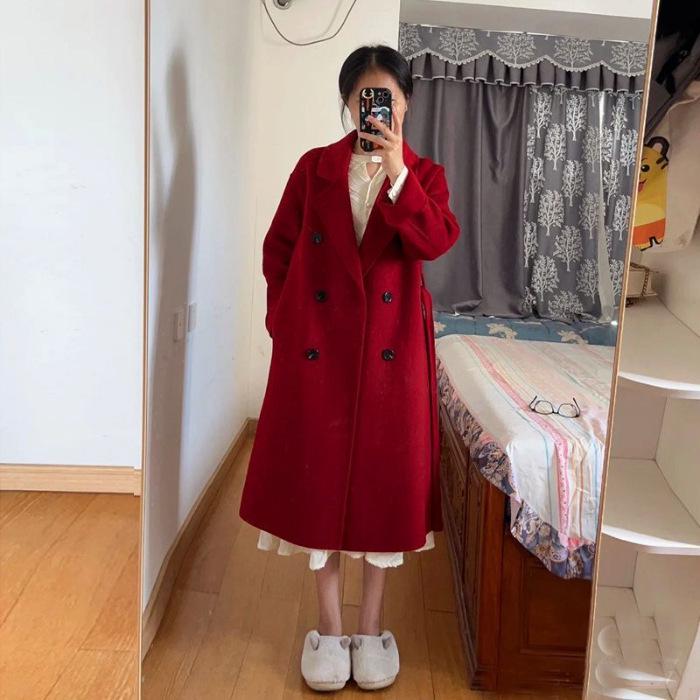 2025 Autumn/Winter Women's Wool Loose Double-Breasted Black Mid-Length Coat, Korean Style.