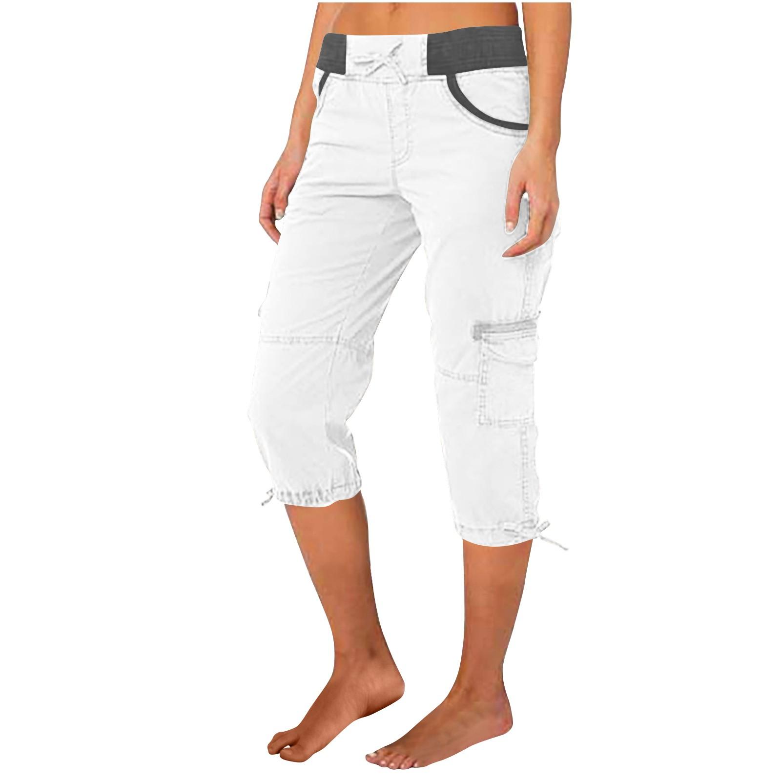 

Women Capri Cargo Pants Mid Waist Drawstring Hem Relaxed Fit Casual Cotton Trousers with Pockets for Outdoor Activities XL белый