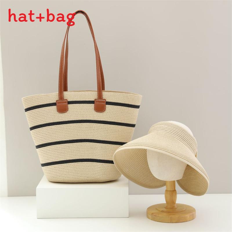 Woven Sun Hat And Large Capacity Straw Tote With Striped Pattern For Travel And Casual Wear