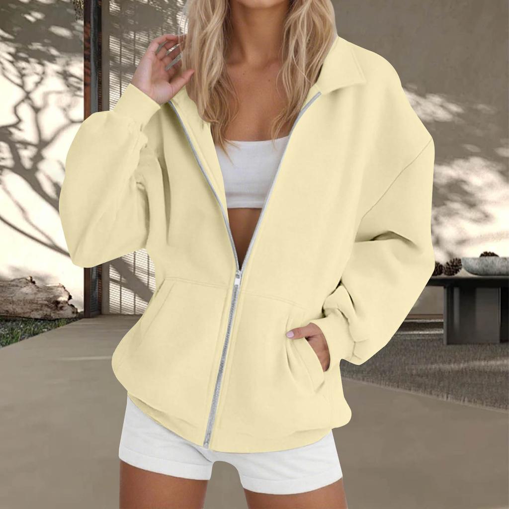 Women's  Fashion Zipper Hoodie Long Sleeve Hooded Pullover Sweatshirt Casual Solid Color Tops With Pockets