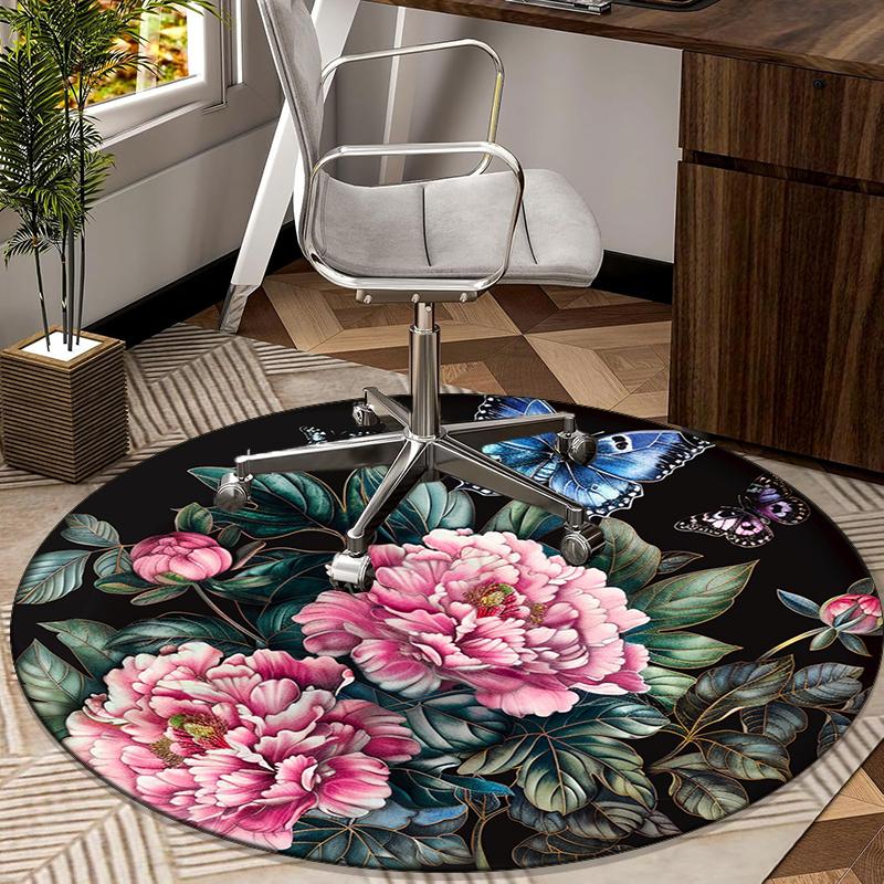 Pink Roses And Butterflies round carpet Chair cushion Round Entryway Rug, Soft Round Rugs for Living Room, Bedroom, Circle Carpet decor gifts