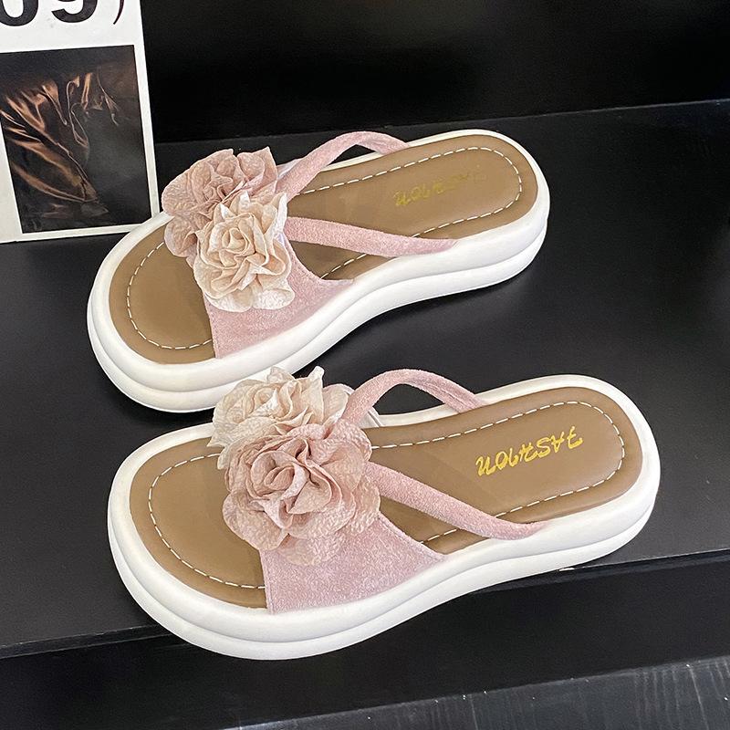 Dvoubarevné květinové platformové pantofle dámské nové letní všestranné dámské s rovnou podrážkou protiskluzové studentské módní plážové sandály