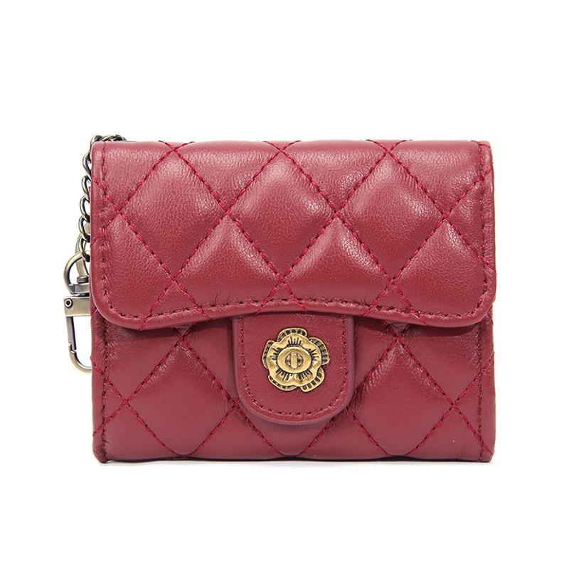 Women's Genuine Lambskin Camellia Coin Purse: Diamond Stitch, Multi-Card Slots, Small Retro Wallet