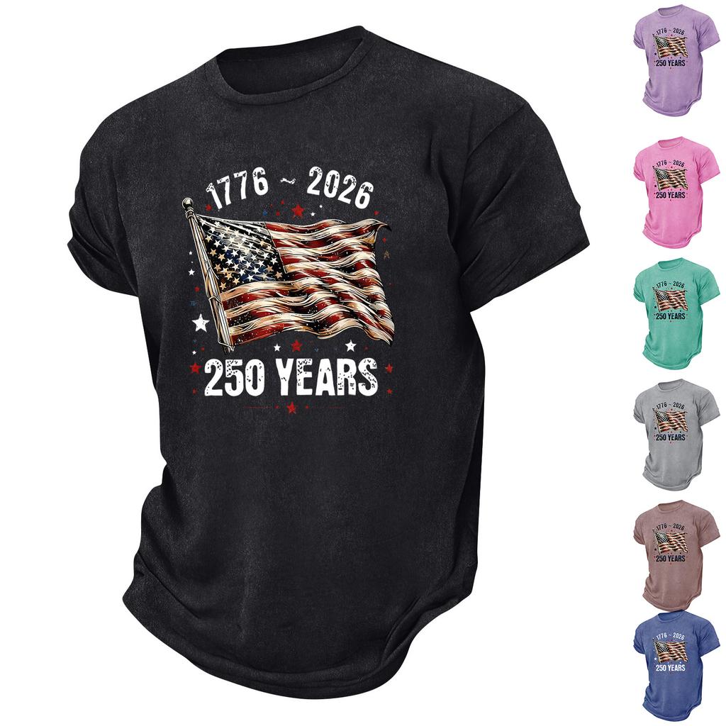Men Crew Neck Short Sleeve T Shirt 250 Years 1776 2026 Flag Print Soft Lightweight Comfortable Fit Top