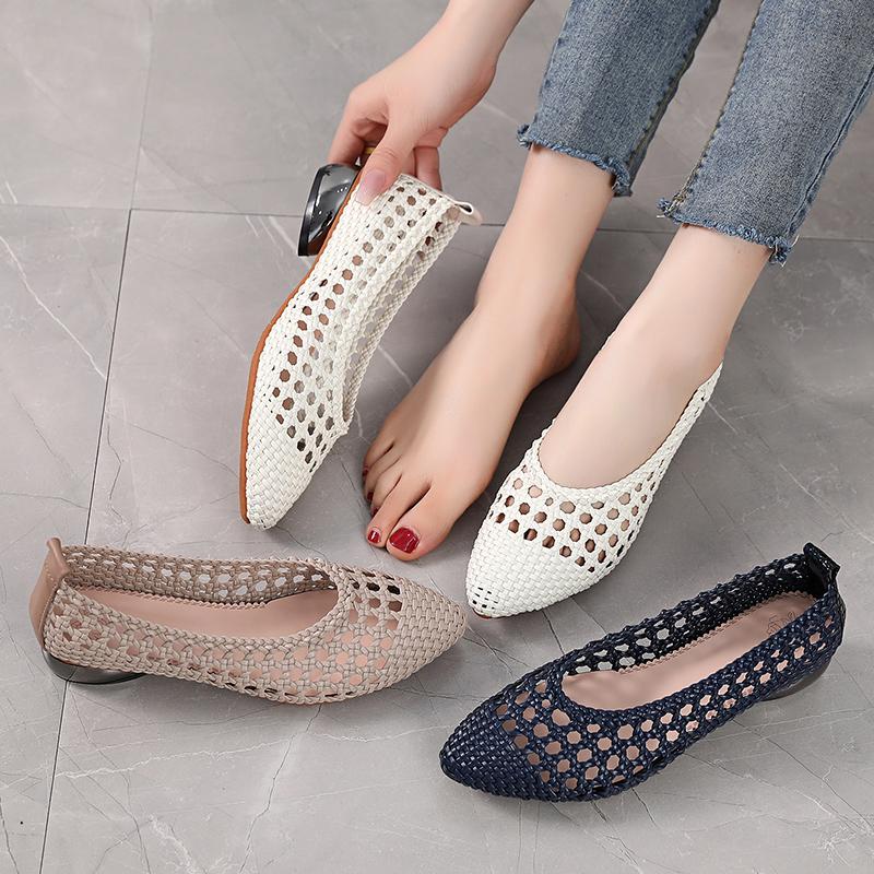GKTINOO Pumps Sandals Women Pointed Toe Leather Woven Low Heel Soft Sole Outdoor Summer Ladies Shoes