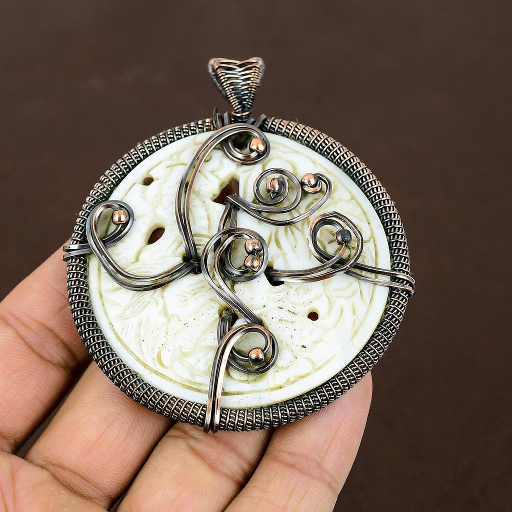 Natural Carved Mother Of Pearl Handmade Copper Wire Wrap Pendant 3.15" P2j10