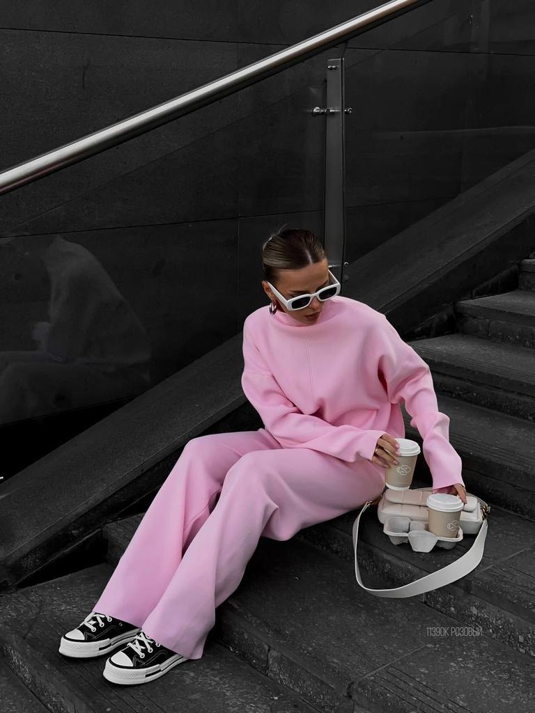 Kadın Örgü Pijama Takımı Günlük Balıkçı Yaka Uzun Kollu Üst Geniş Paça Pantolon İki Parçalı Takım