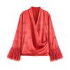 Womens Cross Collar Shirt Coat Feather Pants Set Casual Long Outerwear All Season