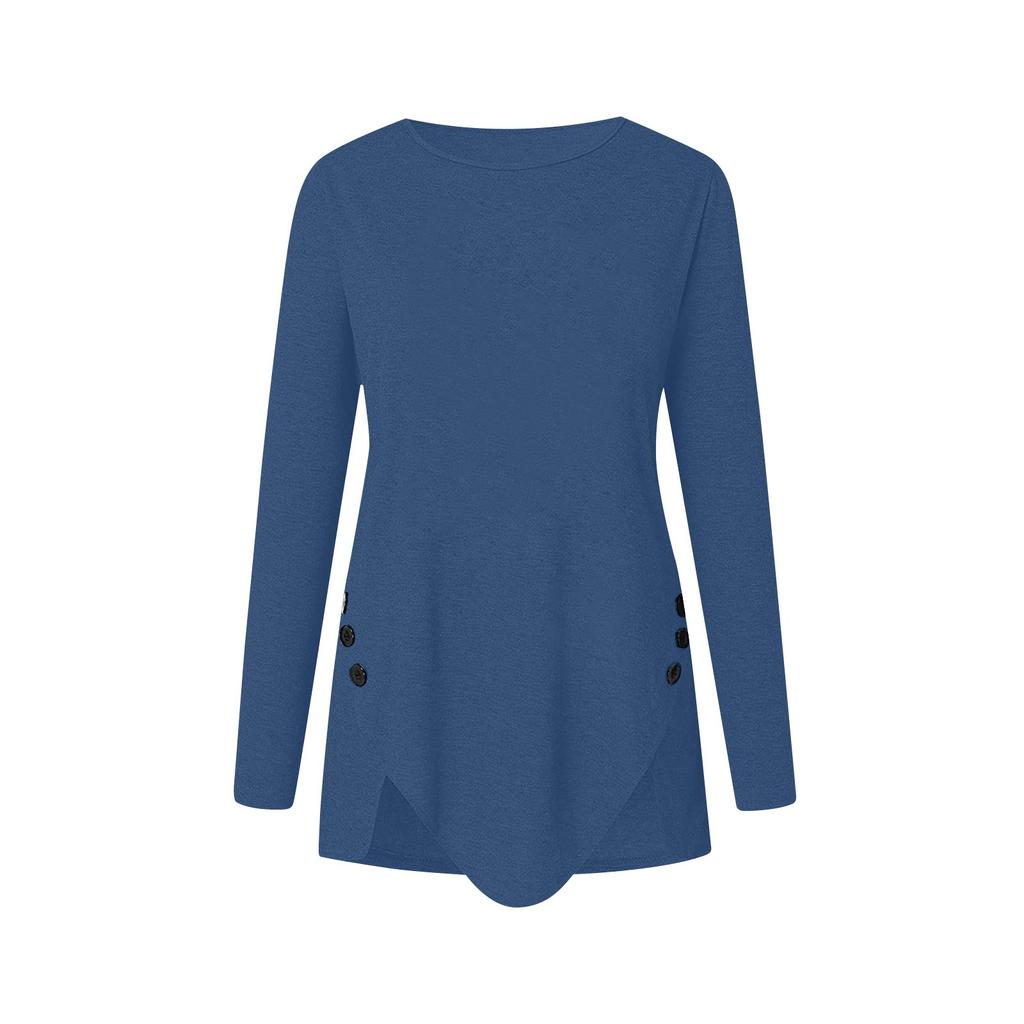 Women's T-shirt -neck Long-sleeved Color Irregular Button-down Top