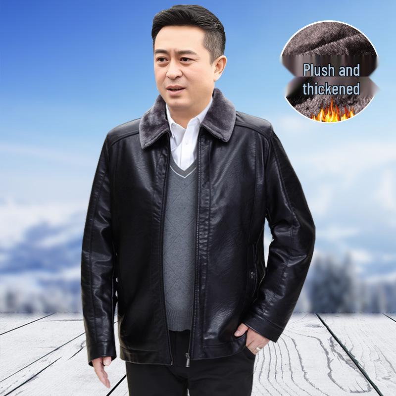 50-Year-Old Dad's Plus Velvet Thickened Leather Jacket for Middle-Aged & Elderly Men - Winter Cotton Padded Grandpa Jacket