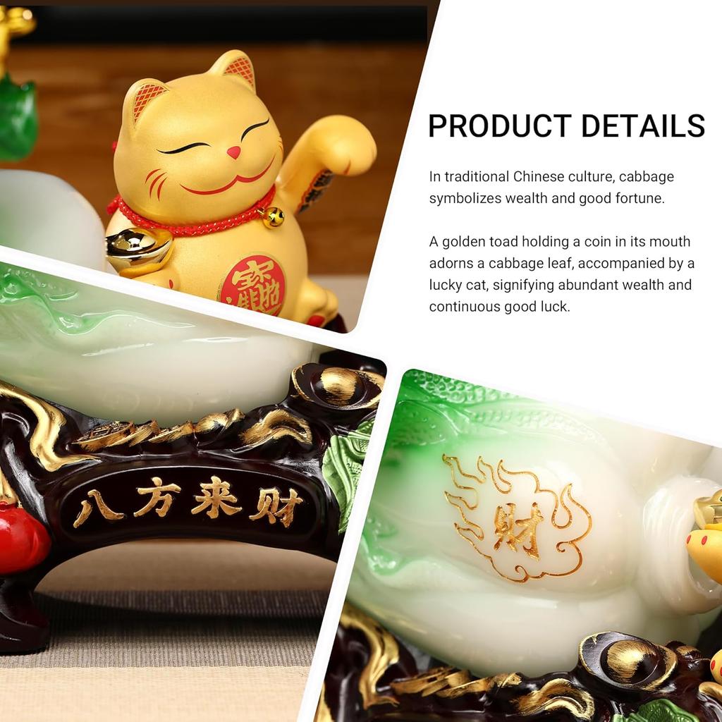 13.62'' Feng Shui Wealth Statue, Automatic Waving Lucky Cat with Jade Cabbage & Money Frog Decor, Feng Shui Decor with Resin & Ceramic Fortune