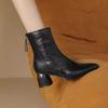 Fashion Block Heel Single Boots Fall New Pointed Toe Spliced Rear Zipper Soft Sole Anti-Slip Wear-Resistant Short Shoe