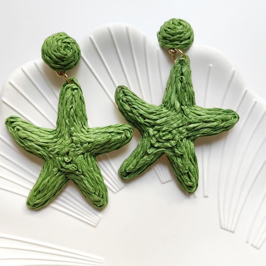 Starfish Raffia Woven Flower Stud Earrings - Seaside Resort Style Spring/Summer Accessories