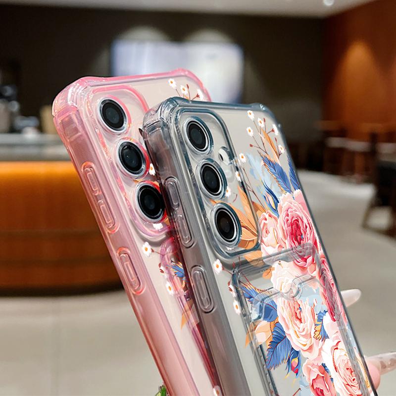 Husă transparentă cu suport pentru card, cu flori, din silicon moale, pentru telefon Samsung S25 S24 S22 Ultra S23 S21 S20 Fe A55 A54 A53 A35 A16 A15, husă de protecție împotriva șocurilor pentru lentilă