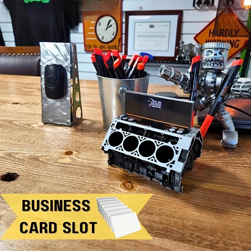 Engine Block Desk Organizer - Black Resin Business Card & Pen Holder, Perfect Gift for Car Enthusiasts and Mechanics decor