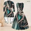 Women Plus Size Two Piece Set Printed Green Black Gold 3 4 Sleeve Cardigan Sleeveless Tie Waist Flared Dress