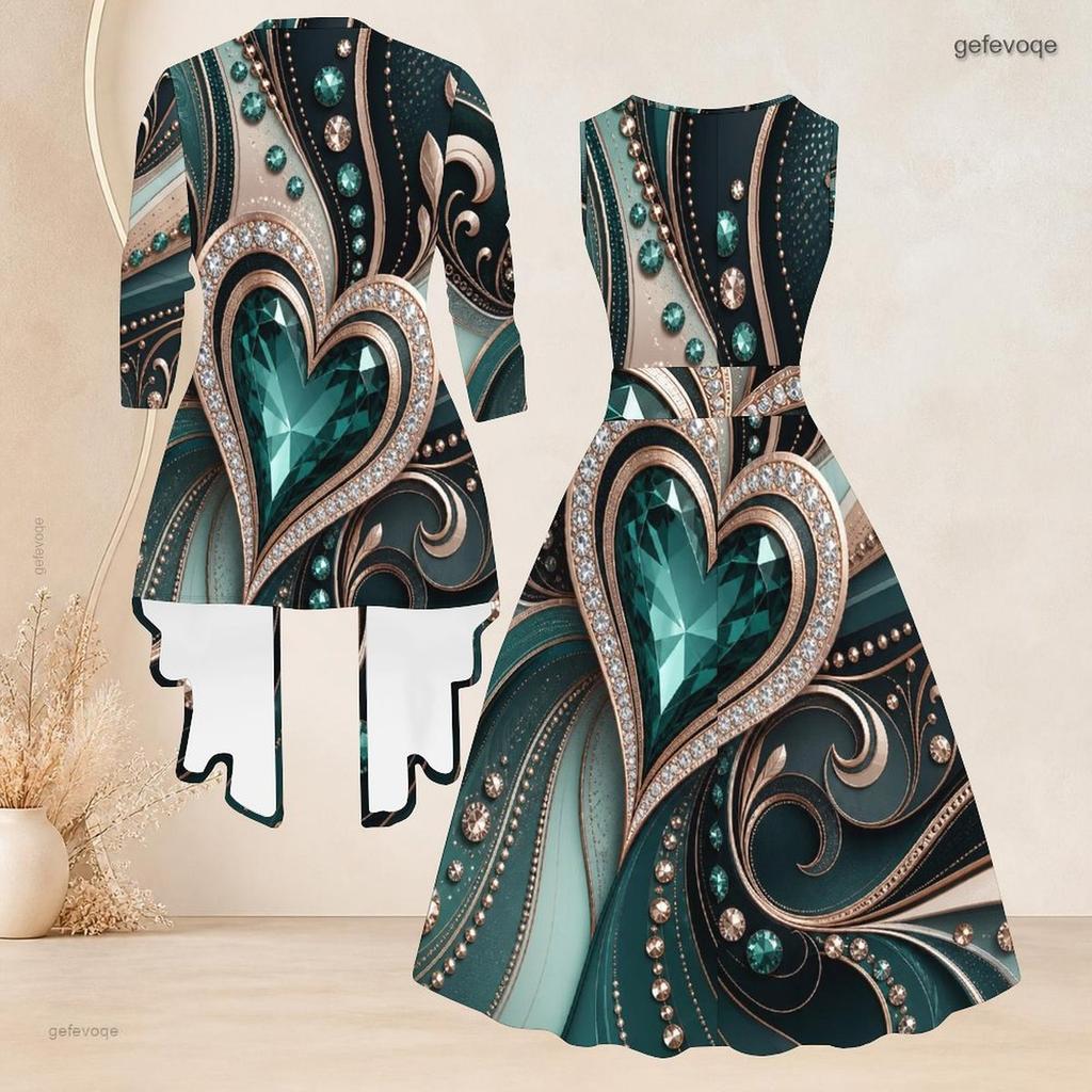 Women Plus Size Two Piece Set Printed Green Black Gold 3 4 Sleeve Cardigan Sleeveless Tie Waist Flared Dress