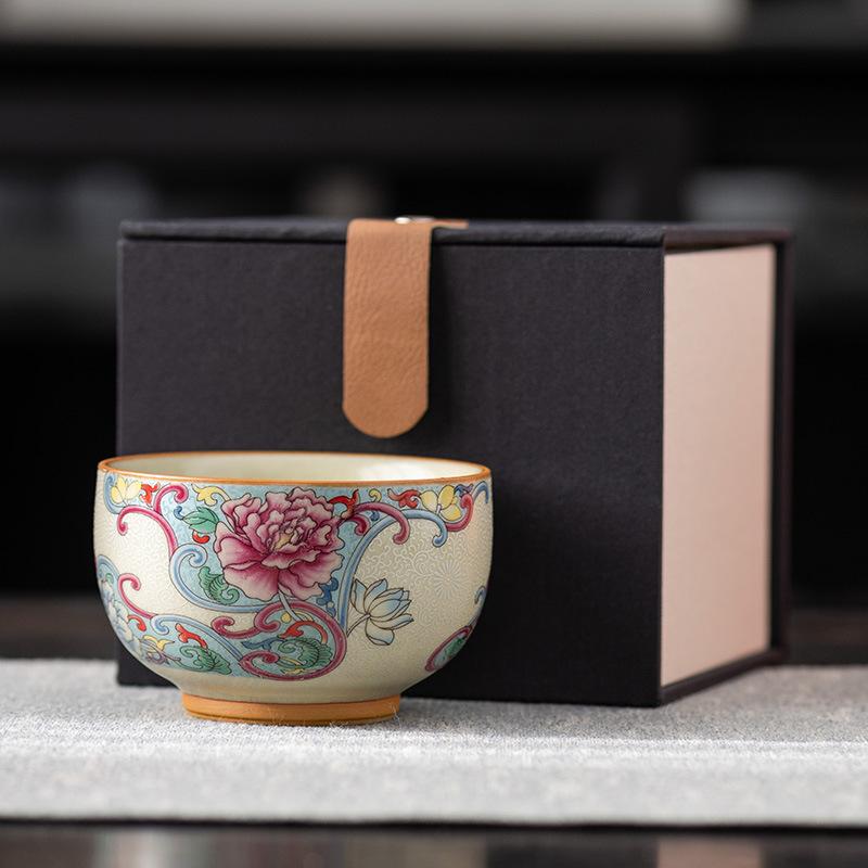 Full color yellow Ru kiln high-end master cup gold silk silver thread retro tea cup tea bowl light luxury business gift souvenir