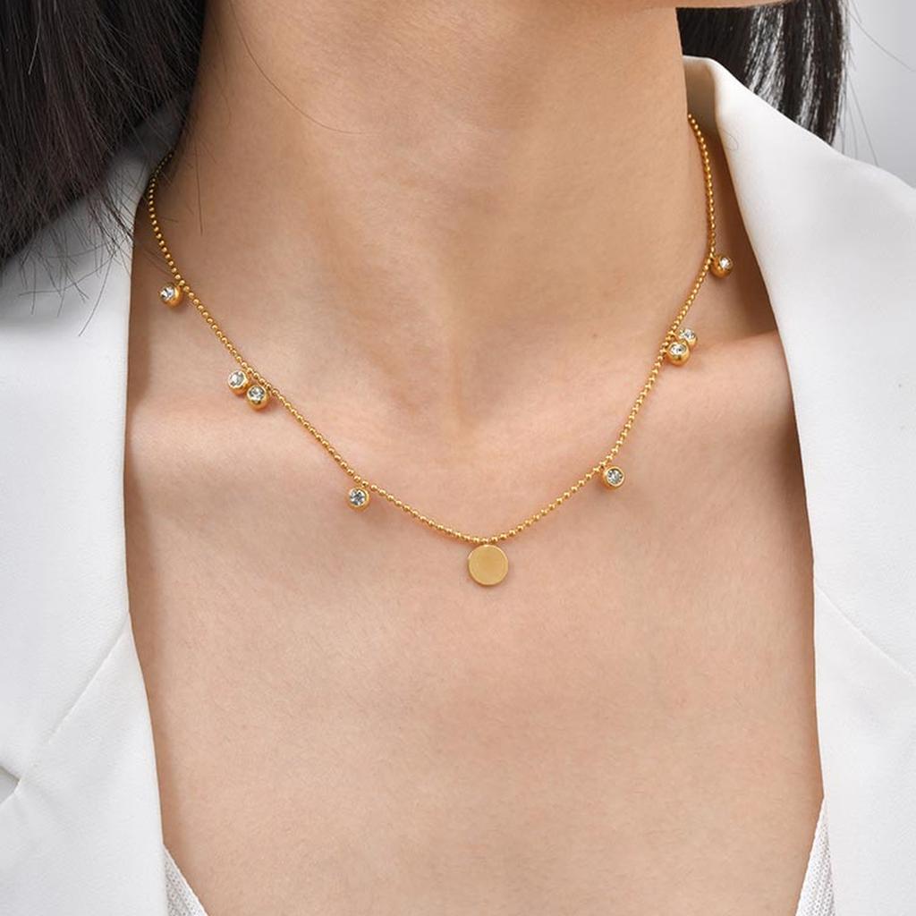 Wind Jewelry, Stainless Steel Disc Bead Chain Necklace, Slightly Inlaid Zircon Women'S Collarbone Chain Nc-2491