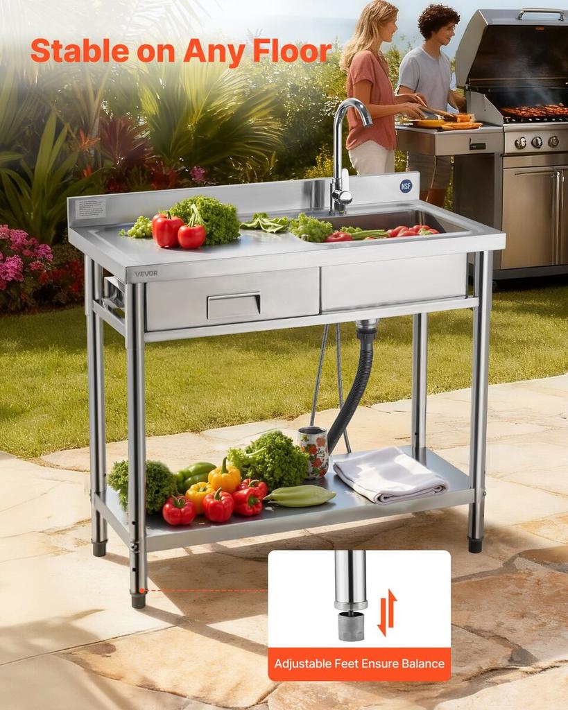 Stainless Steel Utility Sink, Free Standing Single Bowl Commercial Kitchen Sink with Drawer, Faucet and Hot & Cold Water Pipe, Utility Basin for