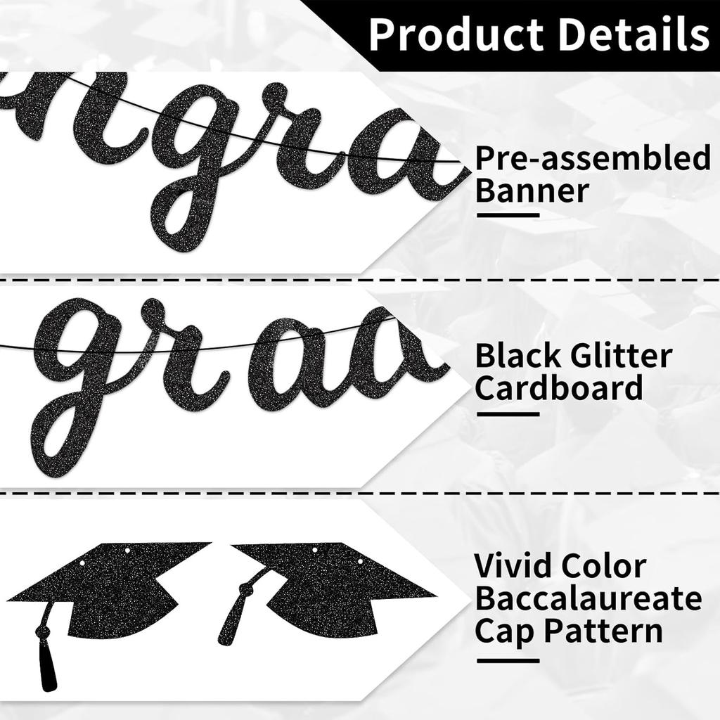 Congrats Grad Banner Decorations - Hanging Glitter Graduation Banner with Cap Garland Sign Bunting for Graduation Celebration Photo Backdrop, College