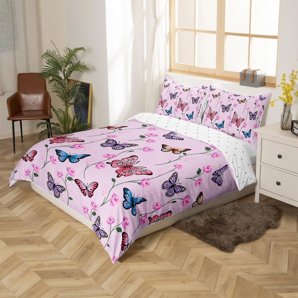 Garden Flowers Pattern Duvet Cover Set Single Size for Girls Adults Women Kids Butterflies Print Bedding Set + 2 Pillowcases