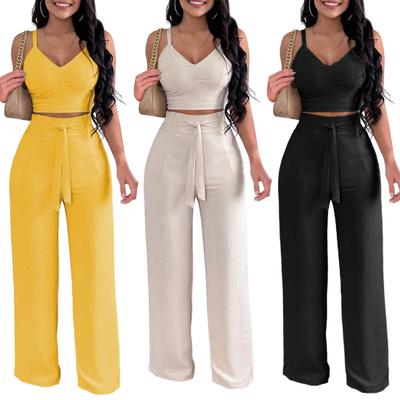 Kadınlar için İki Parça Kıyafet V Yaka Kolsuz Askılı Crop Top Geniş Paça