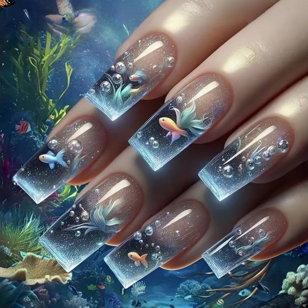 Marine Life Press On Nail 24PCS Blue Dolphins Design Breathable ABS False Nail Comfortable Wear For Parties Weddings Daily Activities